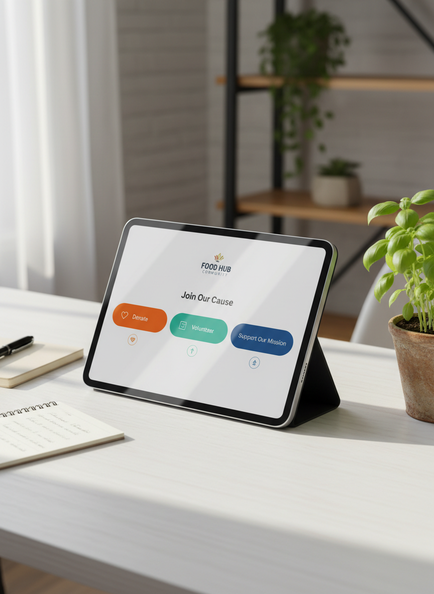 A polished, tablet-style screen mockup resting on a clean white desk inside an office corner of the food hub, displaying a well-designed webpage with large, colorful buttons labeled “Donate,” “Volunteer,” and “Support Our Mission.” Around the tablet, a notebook, pen, and a small potted herb plant in a clay pot add organic warmth to the minimal workspace. Soft morning light from a side window creates a gentle glow across the desk surface and subtle reflections on the tablet’s glass, enhancing legibility of the interface elements. The camera angle is slightly above and to the side, focusing on the screen while allowing background elements to softly blur. The mood is modern, accessible, and empowering, with photographic realism that highlights clear digital pathways for community engagement with the food hub.