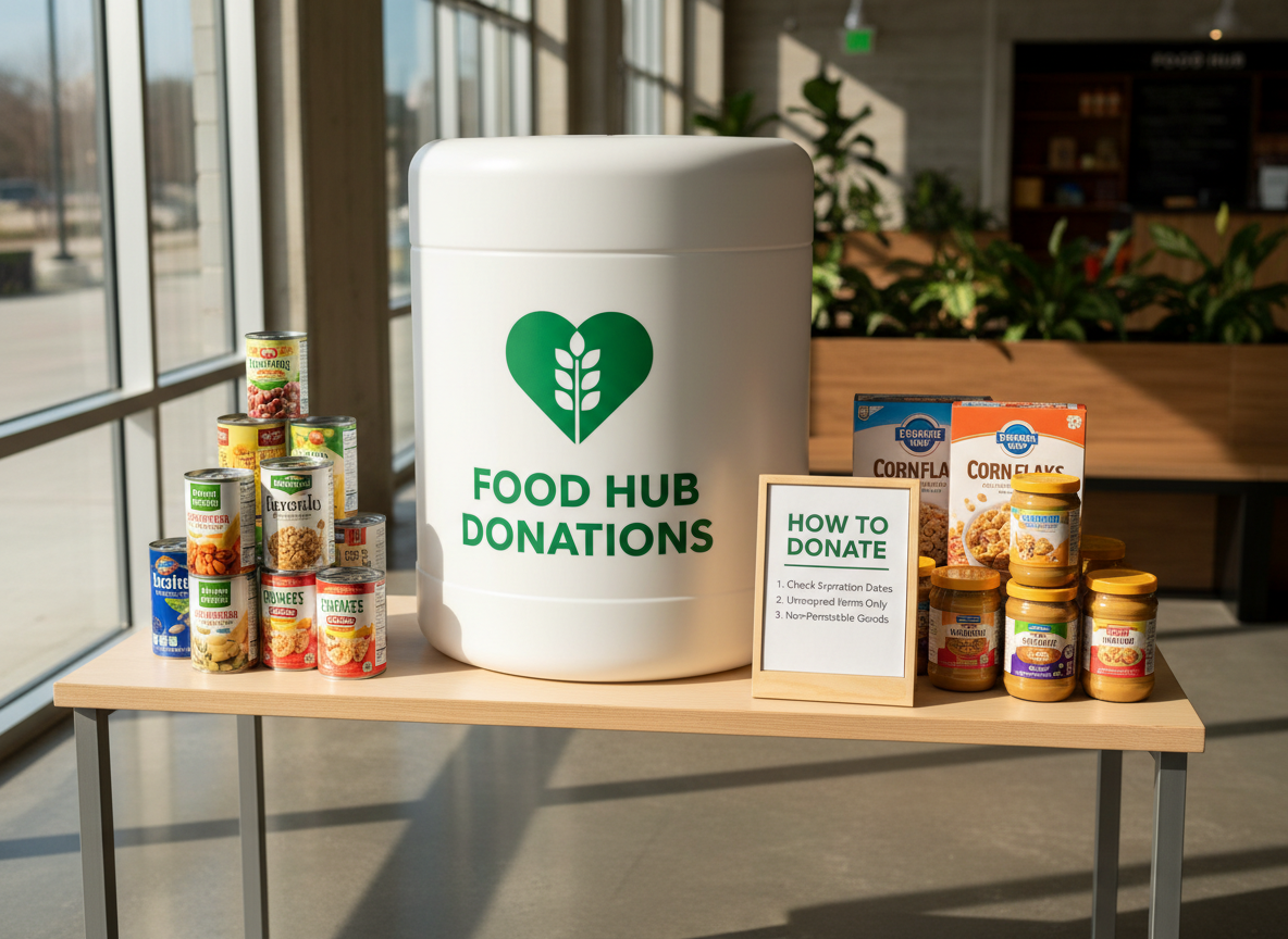 A calm, inviting donation station set up in the lobby of a food hub, featuring a large, clearly branded donation bin made of smooth white material with a green heart-and-grain icon on the front. Surrounding the bin, neatly stacked canned goods, boxed cereals, and jars of nut butter rest on a simple light-wood table with a small stand-up sign explaining “How to Donate” in clear, bold typography. Natural light filters through nearby floor-to-ceiling windows, casting soft highlights on the bin’s surface and a faint reflection on the polished concrete floor. The mood is warm and approachable, encouraging participation. Photographed from a slightly angled, waist-level perspective with balanced framing, the image has a realistic, welcoming style ideal for explaining donation options on the site.