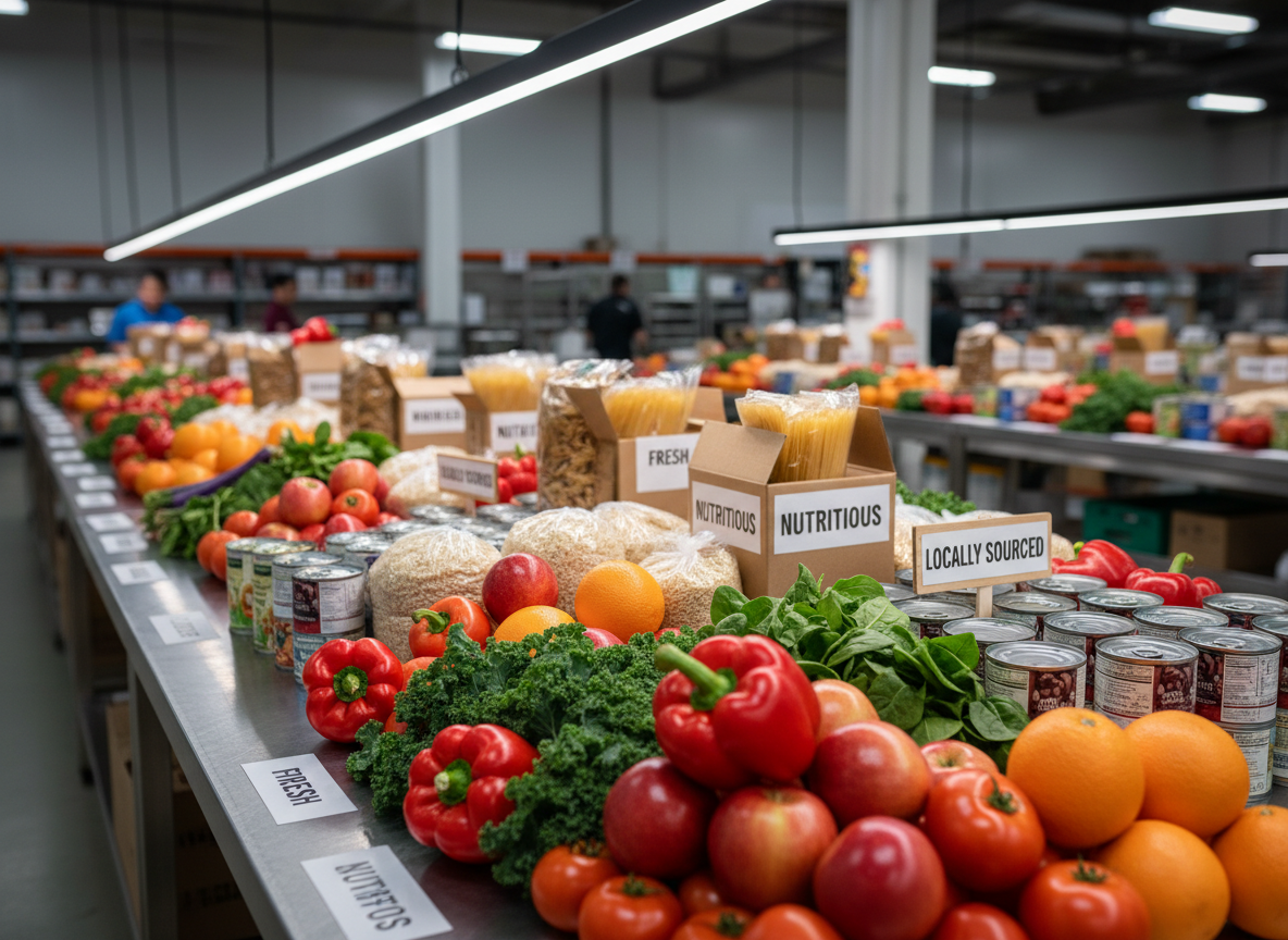 A close-up view of an abundant assortment of high-quality food items arranged on a long stainless-steel table inside a food hub. Glossy bell peppers, leafy greens, apples, oranges, and tomatoes are interspersed with neatly stacked whole grain pasta, brown rice, and labeled canned beans, all in pristine condition. Small, printed signs highlight “Fresh,” “Nutritious,” and “Locally Sourced” sections. Overhead LED lighting provides bright, even illumination that enhances the natural colors and textures, from the matte paper labels to the dewy produce skins. Shot from an eye-level perspective with shallow depth of field, the foreground items in sharp focus and the background gently blurred. The atmosphere is vibrant yet orderly, communicating quality, dignity, and health through photographic realism and a clean, modern composition.