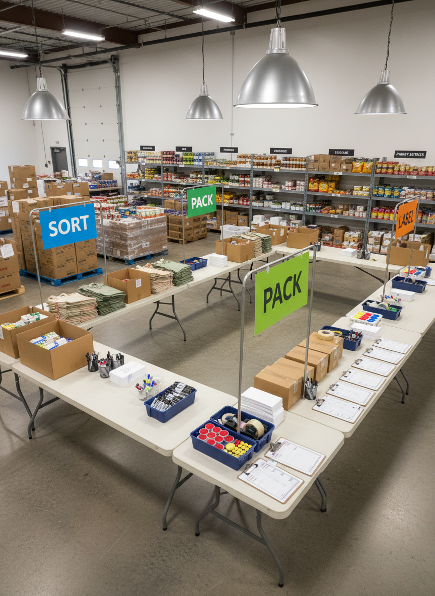 An organized volunteer workspace inside a food hub, free of people but filled with carefully arranged tools and supplies. Long folding tables are lined with empty reusable grocery bags, color-coded stickers, permanent markers, and clipboards with checklists, all placed in clearly separated stations marked “Sort,” “Pack,” and “Label” using bright, readable signs. Overhead, soft industrial pendant lights cast an even, neutral light that minimizes harsh shadows, making every surface visible. In the background, pallets of food boxes and labeled shelving hint at the larger operation. The composition is shot from a slightly elevated angle, capturing the flow from one station to the next. The photographic realism, clean lines, and sense of order create an atmosphere of readiness and purpose, ideal for illustrating how volunteers support the mission.