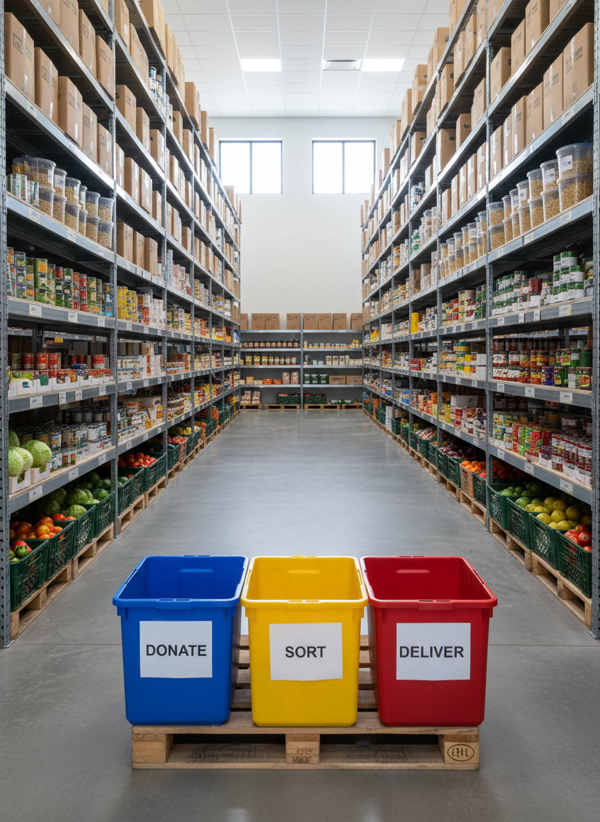 A well-organized food bank warehouse interior, long rows of sturdy metal shelving neatly stocked with labeled boxes of canned vegetables, whole grains, and fresh produce in reusable crates. In the foreground, a large wooden pallet holds color-coded bins marked “Donate,” “Sort,” and “Deliver,” emphasizing clear pathways for community support. Soft, diffused daylight pours in from high clerestory windows, creating gentle highlights on cardboard textures and the cool gray concrete floor. The mood is efficient yet welcoming, suggesting reliability and care. Photographed at eye level with a wide-angle lens, sharp focus from front to back, capturing the full scale of the operation. The photographic realism and clean, modern aesthetic underscore a professional, sustainable food hub ready to serve the community.