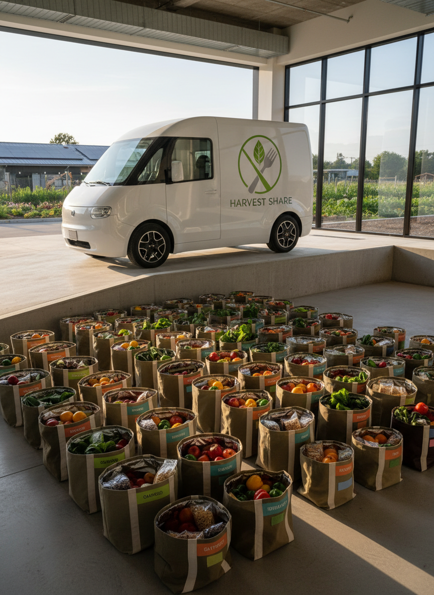 A bright, modern loading dock at a community food hub, featuring a clean electric delivery truck backed up to a raised platform. The truck’s side is emblazoned with a simple, bold logo of a stylized leaf and fork, suggesting sustainability and nourishment. Stacks of insulated, reusable delivery totes filled with fresh produce and pantry staples sit neatly arranged on a smooth concrete surface, each labeled for different neighborhoods. Late afternoon natural light casts soft, elongated shadows, giving depth and warmth to the scene. Captured from a slightly elevated angle with a clear horizon line, the composition emphasizes the flow of food from hub to community. The image has a photographic, realistic style with crisp details and a calm, trustworthy atmosphere focused on reliable delivery.